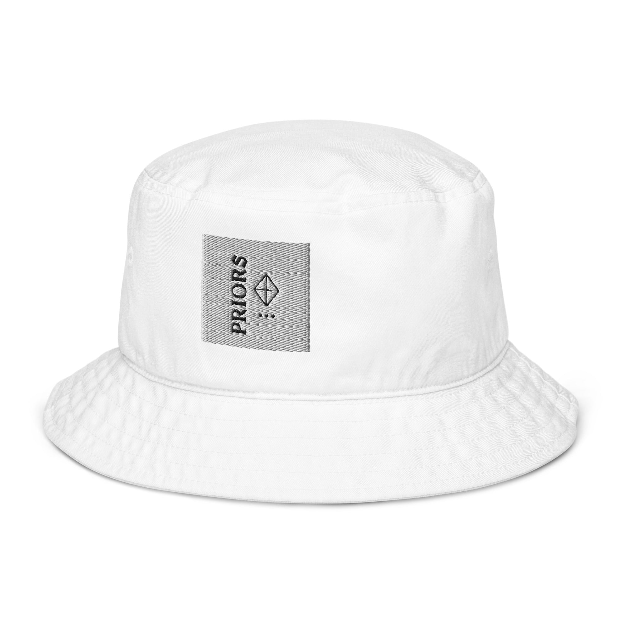 White bucket hat with a gray patch on a white background