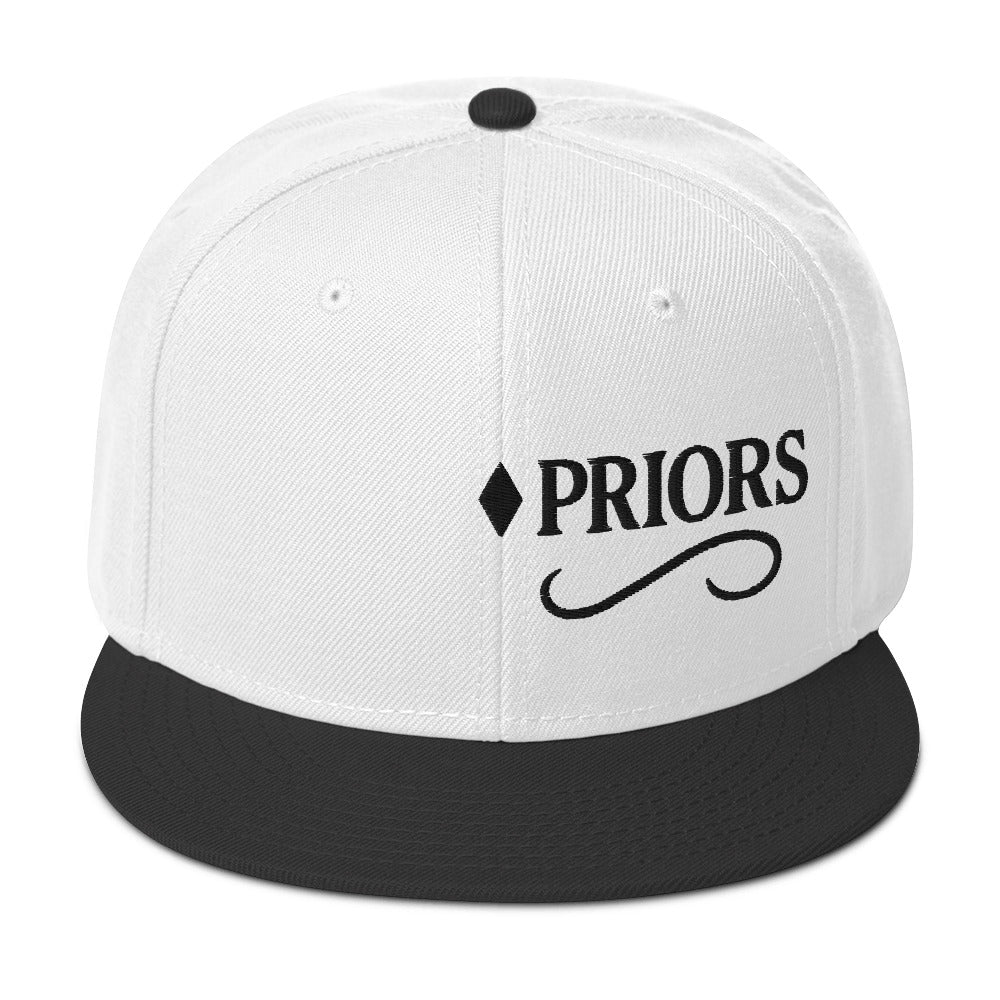 White cap with black brim and 'PRIORS' logo on a white background