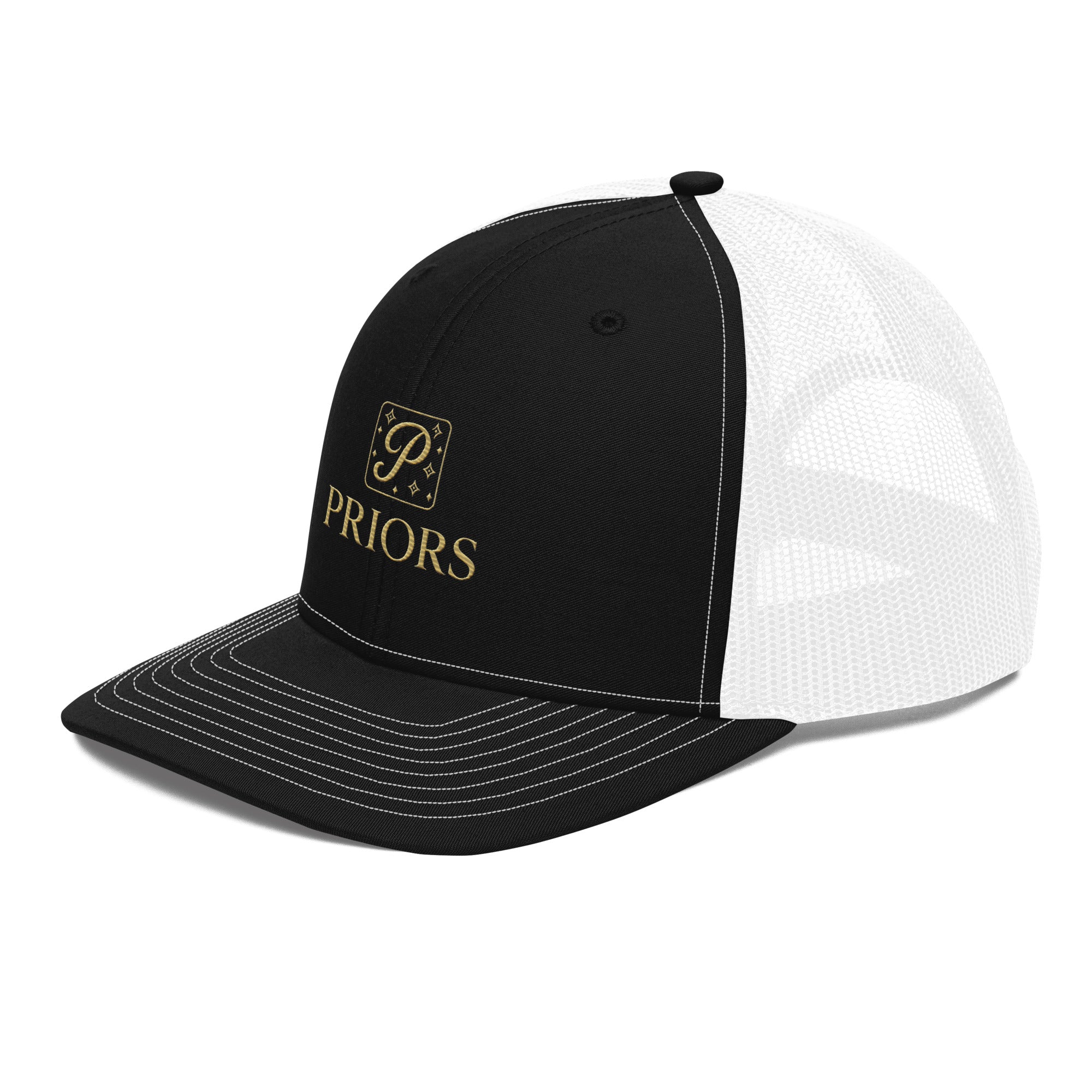 Black and white cap with 'Priors' logo on a white background
