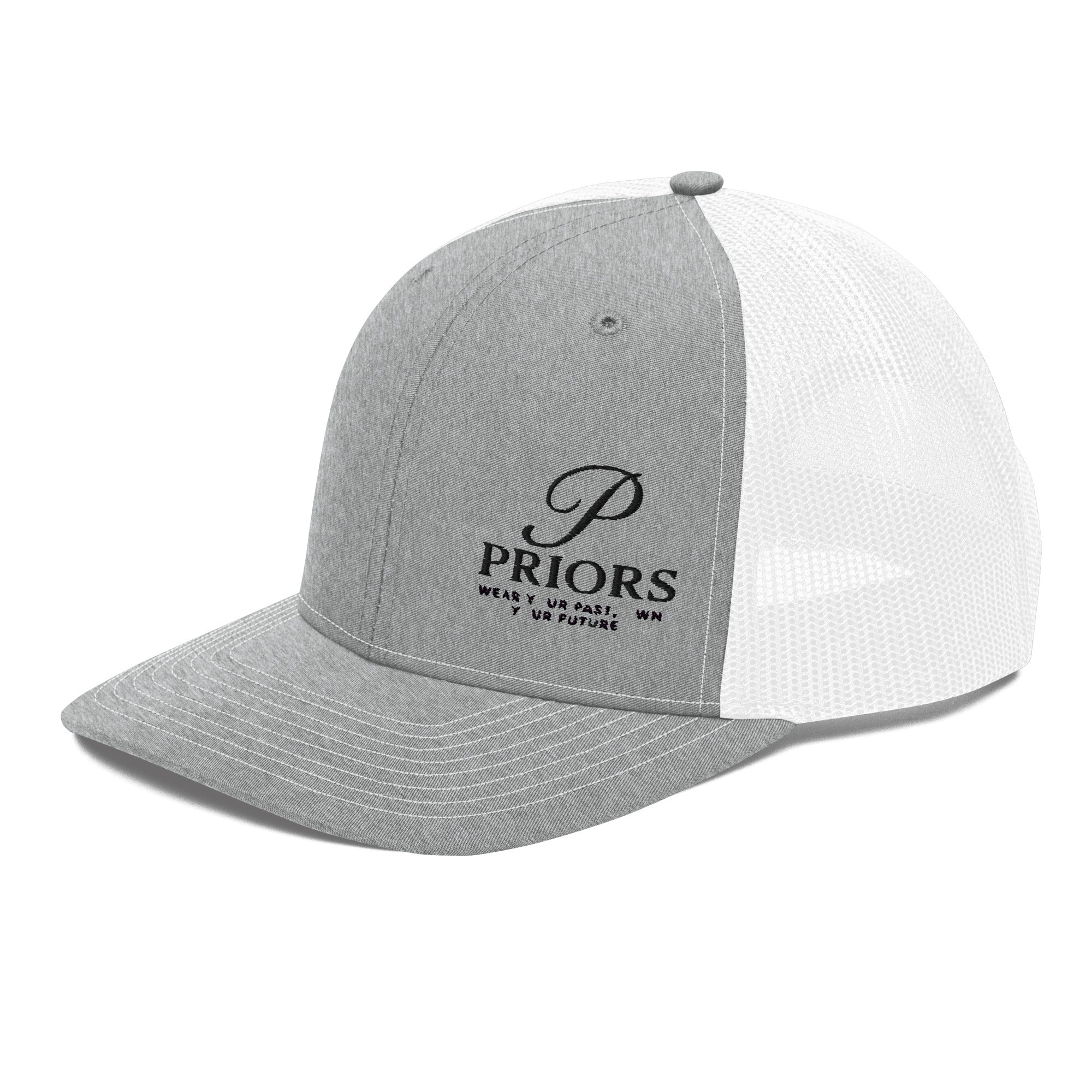 Gray and white cap with 'PRIORS' logo and text on a white background